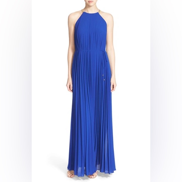 Ted Baker Cobalt Royal Blue Pleated Maxi Dress With Gold Detailing